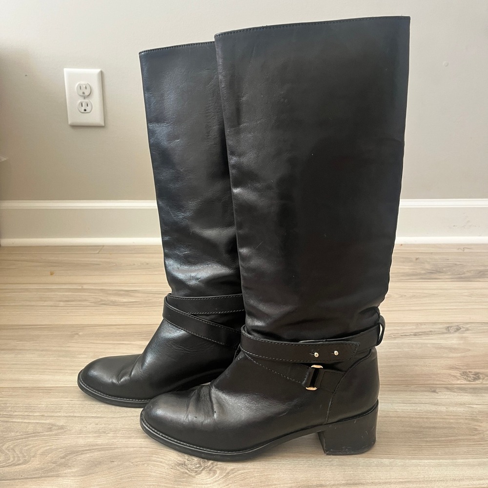 J.Crew 03010 Tall Riding Boots Black 9.5 Leather Buckle Strap Block Heel